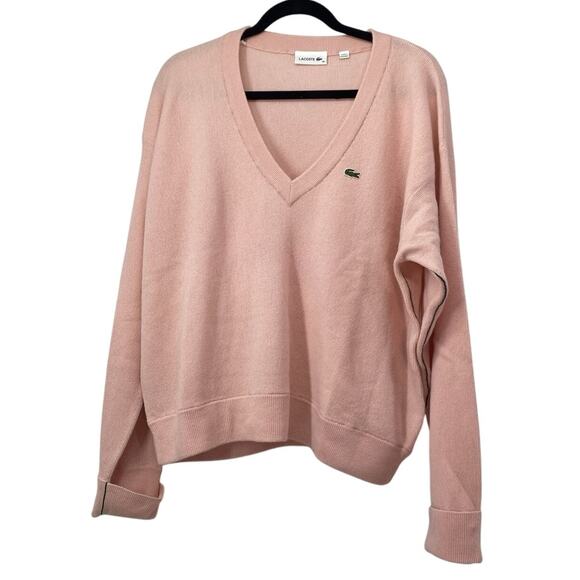 LACOSTE Men's V-Neck Pink Sweater 100% Wool Size XL /44 Preppy Green Stripe - Picture 1 of 9